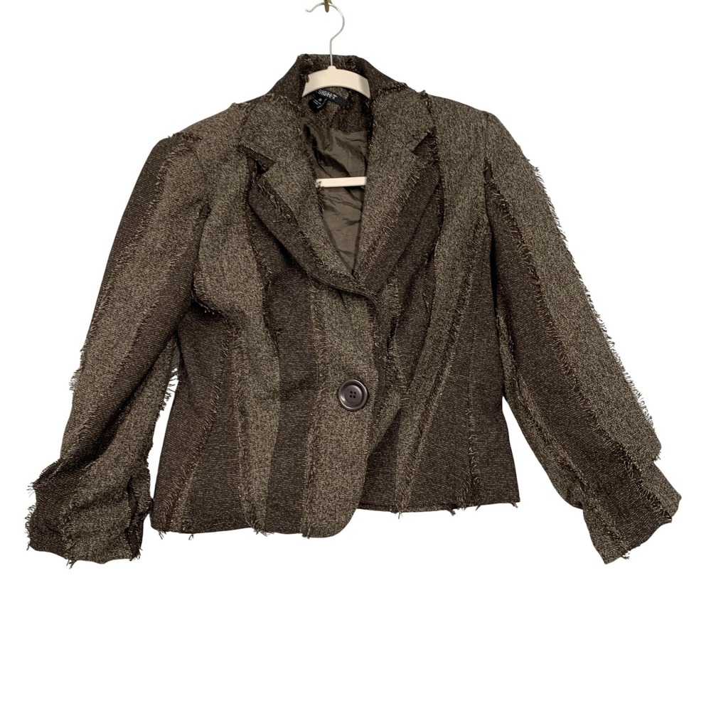Insight Blazer Jacket Womens 10 Brown Tweed One Button Raw Edge Lined Tailored